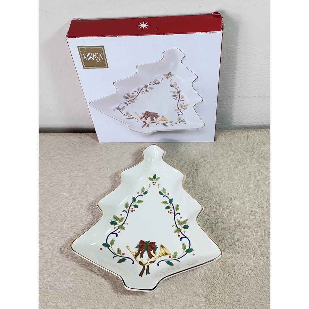 Mikasa Christmas Tree Candy Dish 8" Holiday w/ Box Fine Porcelain 20s Gold Trim